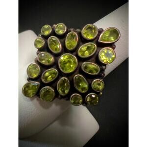 Vintage Artisan Large Natural Peridot Shield Sterling Silver Ring
